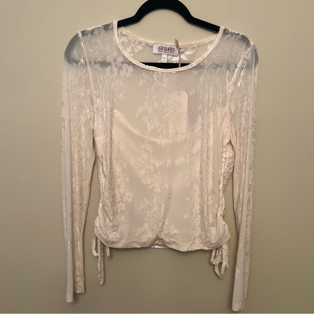 Shyanne Burnout Style Floral Long Sleeved Top Cinched Tie Sides Women's Large